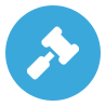 A blue circle with an image of a gavel in the middle.